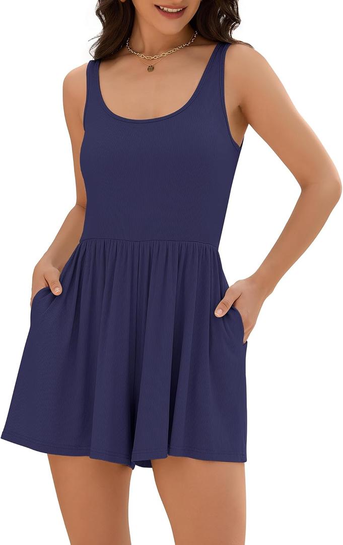 ZAFUL Womens Summer One Piece Sleeveless Tank Top Playsuits Short Jumpsuit Flowy Beach Rompers with Pockets (XX-Large, Navy Blue)