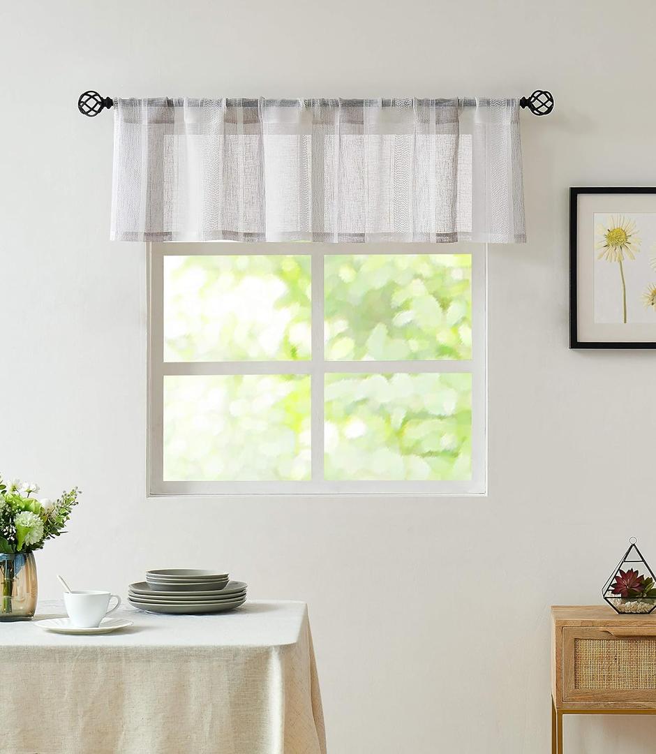 Central Park Gray and White Kitchen Window Curtain Valance Vertical Stripe Sheer Boucle Linen Window Curtain, Living Room Decorative Rod Pocket (54" W x 15" L) Rustic Living Panels (Grey)