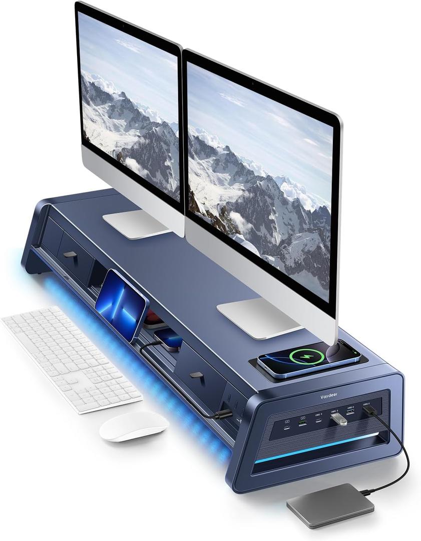 Vaydeer All-in-One Dual Monitor Stand Riser with 2 Drawers, 8USB Ports and Wireless Charging Pad with LED Light Strip for 2 Monitors , Desk Organizer for PC, iMac (Metal, 39.3 inches) (Dark Blue)