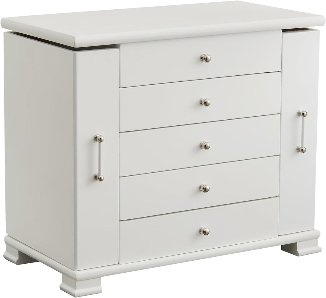 White 5 Layer Huge Jewelry Box,Top With Mirror Wooden Jewelry Organizer Box,With 8 Hook And Velvet Lining Antique Jewelry Box For Women,For Watch Necklace Ring Earring Storage Gifts