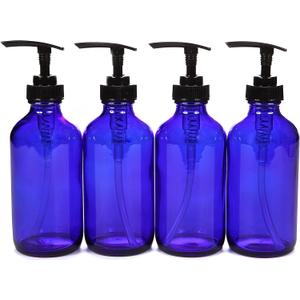 Vivaplex, 4, Large, 8 oz, Empty, Cobalt Blue Glass Bottles with Black Lotion Pumps