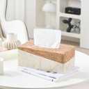 Rectangular Natural Travertine and Rustic Wood Textures Tissue Box Cover for Bathroom,Livingroom,Bedroom, Hand-Made Resin Wood Inlaid Travertine Tissue Box Holder,10 x 5.7 x 4.5 in