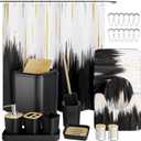 Black Bathroom Accessories Set - 24PCS Bathroom Sets with Shower Curtain and Rugs,Waterproof Black and White Shower Curtain Set, Toilet Brush, Trash Can & Soap Dispenser