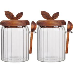 ANSQU 2 Pack Glass Jars with Wooden Lids and Spoons, 20.3oz Glass Food Storage Containers Coffee Jar Coffee Grounds Container, Coffee Canister holds up to 7.4oz Coffee Beans