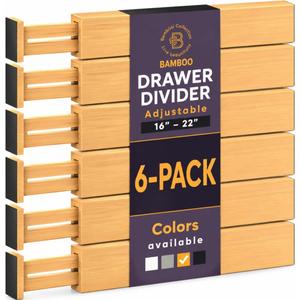 Bamboo Drawer Dividers 6 Pack - Adjustable 16-22 Inch Spring Loaded Deep Drawer Organizer Separators, 2.6 Inch High Non Slip Bamboo Dividers for Kitchen, Dresser, Clothes, Utensils, Bathroom, Office