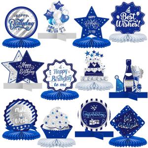 Clabby 12 Pieces Birthday Table Decorations Blue Honeycomb Centerpieces for Table Decor Cute Birthday Honeycomb Topper for Women Men Anniversary Theme Party Supplies Photo Props