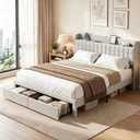 DUMOS King Size Upholstered Platform Bed Frame, King Bed with Storage Drawers and Fabric Headboard, Wooden Slats Support, 1323 lbs Weight Capacity, No Box Spring Needed, Easy Assembly, Light Gray