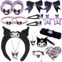117Pcs Kawaii Cute Stuff Gifts Set Include Headband,Pouch, Hair Band, Hair Ties & Clips, Hairpin, Stickers, Necklace,Bracelet, Keychain(Black)