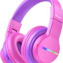iClever BTH12 Kids Bluetooth Headphones,Colorful LED Lights,74/85dBA Safe Volume,85H Playtime,Fast Charging,Bluetooth 5.2,Over Ear Kids Headphones Wireles for iPad/Tablet/Airplane,Hot Pink