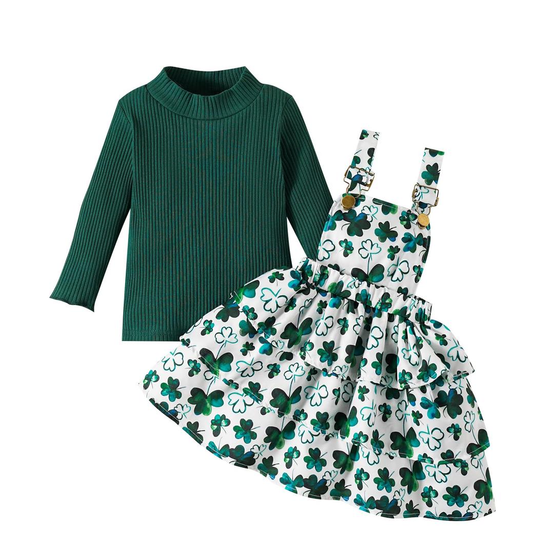 Noubeau Toddler Baby Girl St. Patrick's Day Outfits Green Long Sleeve High Collar Sweatshirt Top Clover Shamrocks Strap Skirt (Dark green, 18-24 Months) (Green)