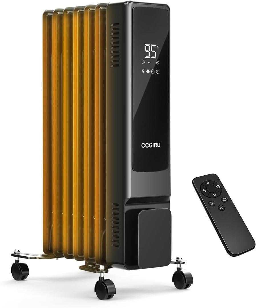 Oil Filled Radiator Heater, CCGIRU 1500W Radiant Heater with Remote Control, 7Fins, with Remote, 3 Modes, Digital Thermostat, 24H Timer,Child Lock, Space Heaters for Indoor Use Large Room Bedroom