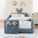 KEIKI Twin Size Upholstered Platform Bed Frame with Cute Rabbit Ear Shaped Headboard and Pocket, for Boys and Girls, Platform Bed with Guardrail and Slats, No Box Spring Required, Easy Assembly, Blue