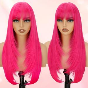Hot Pink Long Straight Layered Wig with Bangs for Women 26 inch Put on Go Realistic Synthetic Fiber Heat Resistant Natural Wig for Girls Party Cosplay and Daily Use