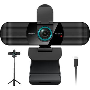 RUWBY Full HD 1080P Webcam with Built-in Dual Mics, Wide-Angle Lens, Privacy Cover, Tripod Stand, Autofocus PC Camera, Plug and Play for Desktop Computer or Laptop