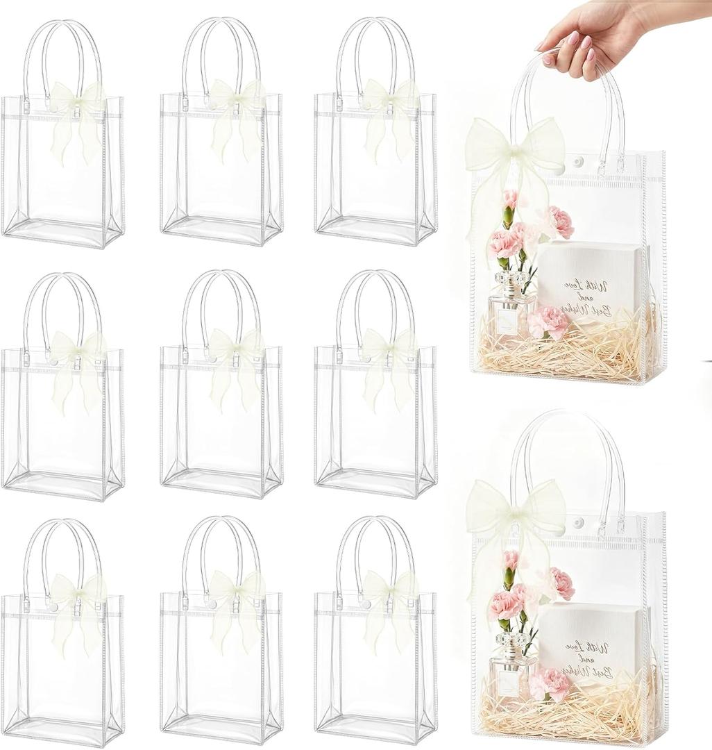 MAQIHAN 10 PCS Clear Goodie Bags with Handles - Plastic Party Favor Bag Reusable Transparent PVC Totes for Christmas Easter Valentine Wedding and Birthday(Medium Size 6.7 x 9 Inch)