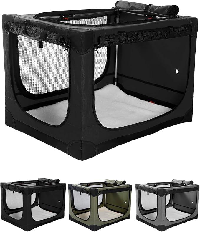 24 Inch Collapsible Travel Dog Crate for Medium Large Dogs, Portable Dog Crate 4-Door Foldable Soft Kennel with Chew-Proof Mesh Windows for Indoor & Outdoor Travel,with Storage Bag, (Black)