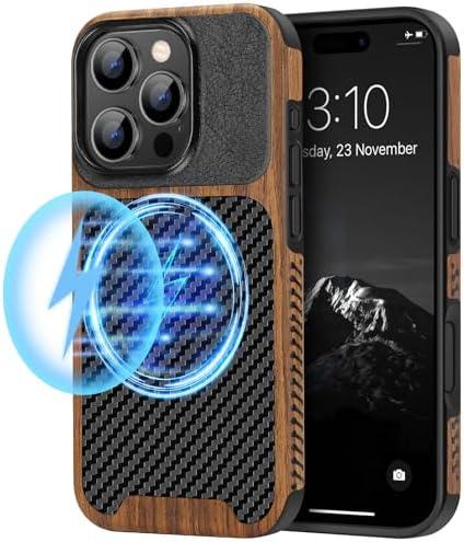 TENDLIN Magnetic Case Compatible with iPhone 16 Pro Max Phone Case Wood Grain with Carbon Fiber Texture Design Leather Hybrid Slim Case (Compatible with MagSafe) Black