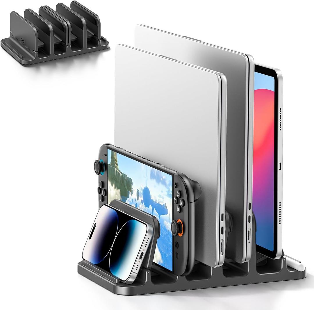 KDD 4-Slot Vertical Laptop Stand with Gravity Locking, 6-in-1 Laptop Holder Desktop Stand, Space-Saving Organizer Fits MacBook/Surface/HP/Dell/Book/Tablet/Switch/Cell Phone and Keyboard
