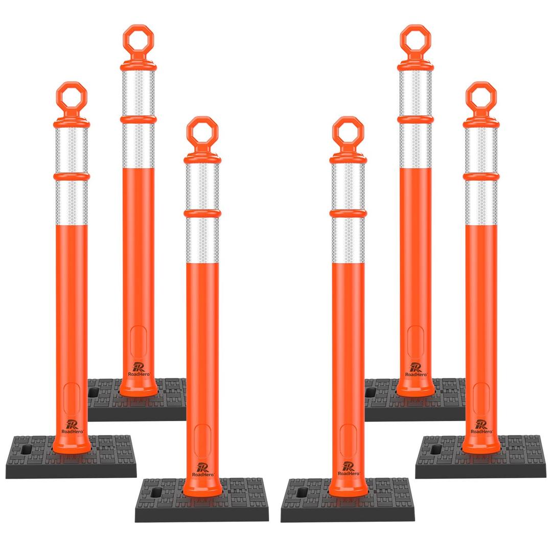 RoadHero 42 Inch Delineator Post with Base, Portable Orange Traffic Delineator Posts Cones with Reflective Collars for Parking Lots, Road Safety, Construction Events (6 Pack)