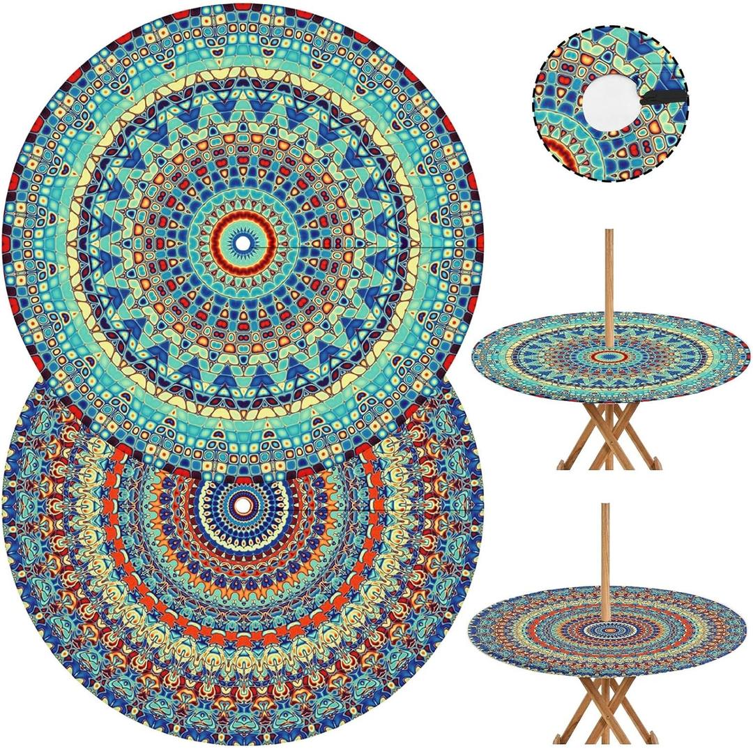 2pc Bohemian Round Outdoor Tablecloth with Umbrella Hole, Retro Fitted Table Cover with Zipper, Waterproof Windproof Umbrella Table Cloth with Elastic(45''-54'')