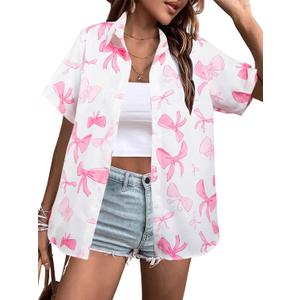 Hawaiian Shirts for Women Soft Cool Summer Hawaiian Shirt Floral Tropic Print Tees V Neck Button Up Short Sleeve Top (L)