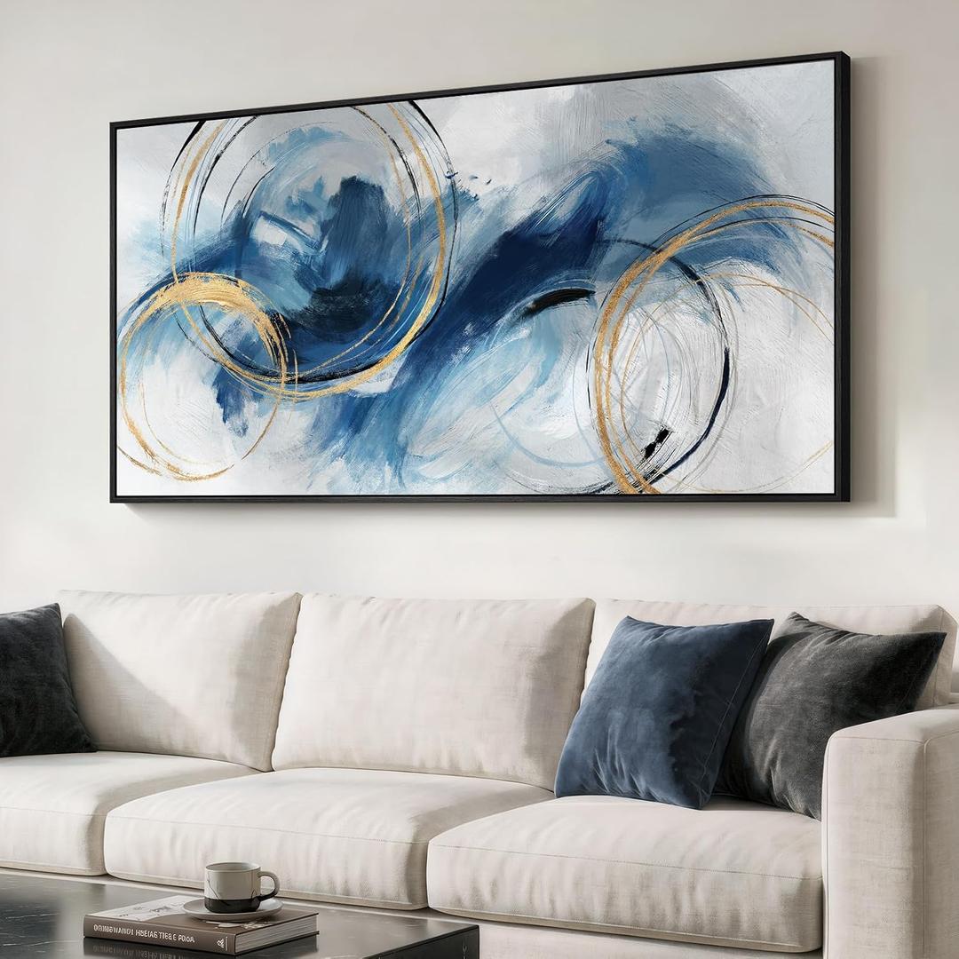 Large Framed Navy Blue Abstract Wall Art for Living Room, Horizontal 30x60