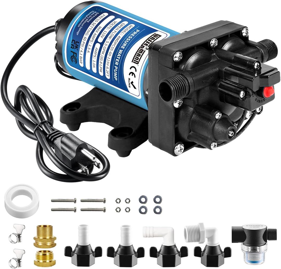 WASSERMANN 115V AC Fresh Water Pressure Booster Pump, 5.5 GPM 60 PSI,Self-Priming Diaphragm Pump with 8.2 FT Power Cord & Plug, Pressure Switch, for Garden Kitchen Bathroom RV Marine Camper, 1/2" NPSM