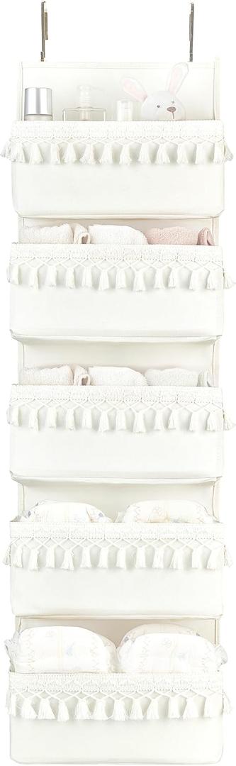 Dahey Over The Door Organizer Boho Nursery Storage Decor Closet Hanging Organizer with Tassels Decoration for Bedroom Nursery Bathroom Apartments Dorm Pantry, 5 Pockets, White