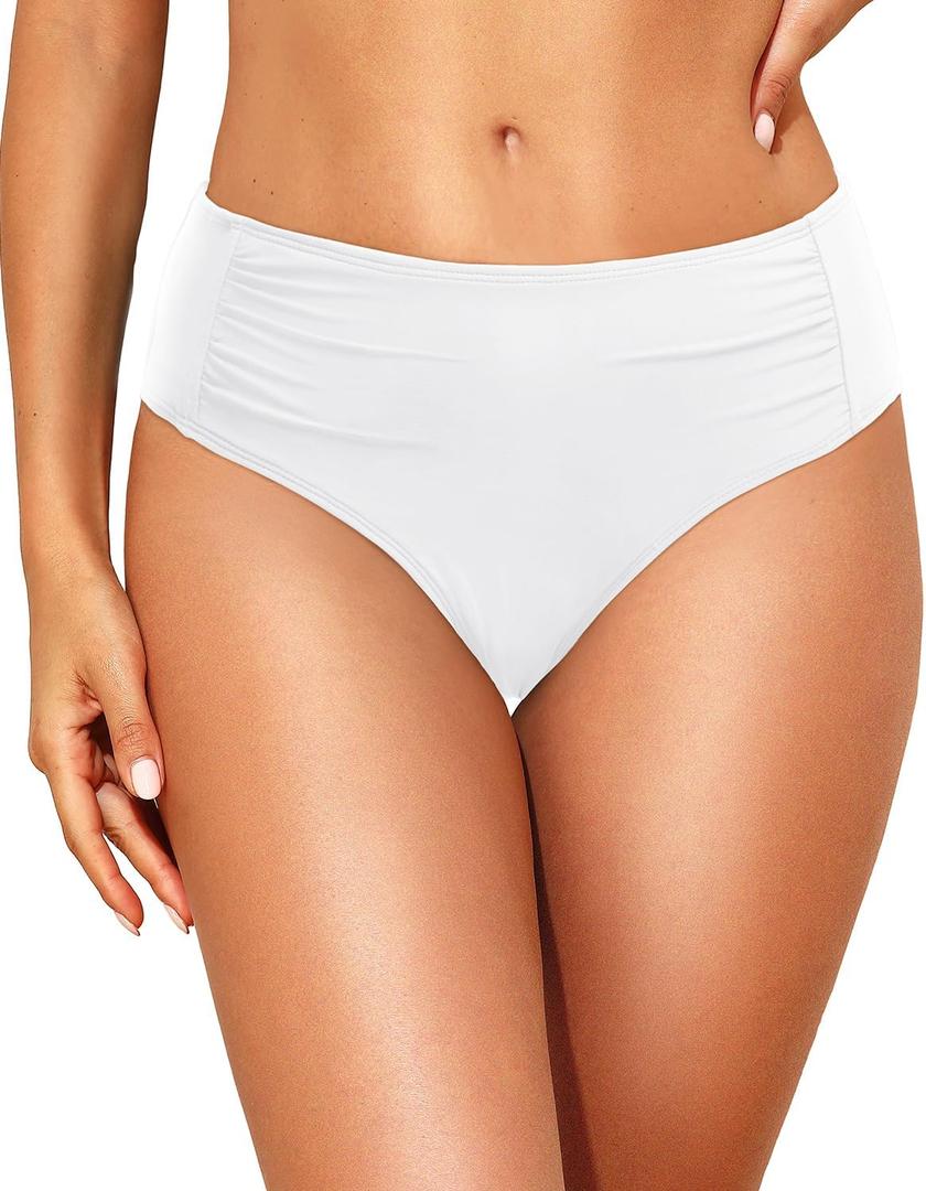 Women Full Coverage Bikini Bottoms - Mid Rise Bathing Suit Ruched Swim Bottom Swimsuit Swimwear (Medium, White)