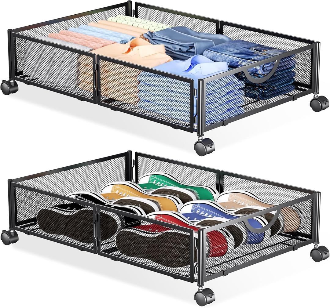 Yecaye Under Bed Storage with Wheels, 2 Pack Under Bed Shoe Storage Organizer Drawer, Toolfree Assembly Metal Underbed Storage Containers for Clothes, Shoes, Black