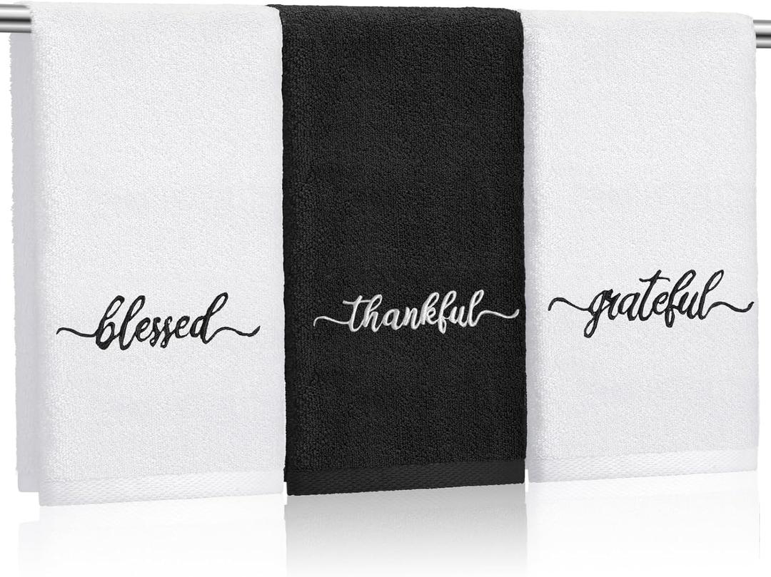 3 Pcs Thanksgiving Black and White Fingertip Towels 100% Cotton Fall Farmhouse Bathroom Hand Towels 12 x 18 in Decorative Embroidery Blessed Thankful Grateful for Gift Home Decor