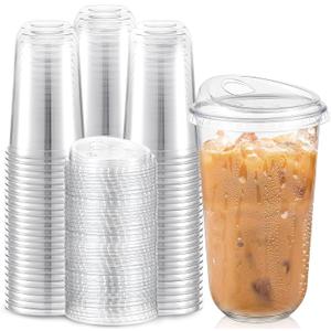 Baderke 100 Pcs Plastic Cups with Sip Lids Round Bottom Disposable Plastic Coffee Cups with Lids Clear Strawless Crystal Mugs for Iced Coffee Smoothie Cold Beverage Party Catering Supplies (18 oz)