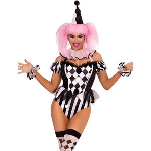 Leg Avenue Women's 4 Pc Captivating Circus Clown with Snap Crotch Bodysuit With Neck Ruffle, Wrist Ruffles, Hat Headband