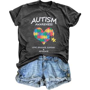 Women Autism Awareness Shirt Autistic Support Shirt Funny Letter Print Casual Mental Health Short Sleeve Shirt