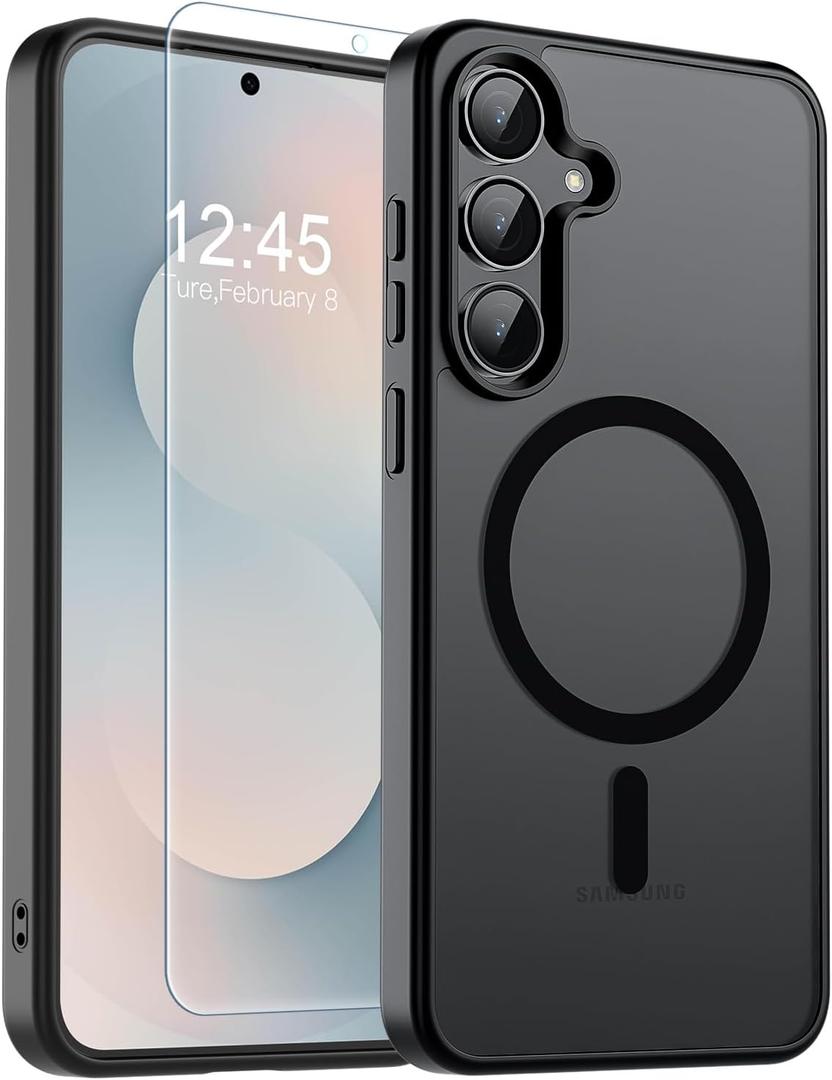 SUPFINE Magnetic for Samsung Galaxy S25 FE Case with Screen Protector,(Compatible with MagSafe)(Military Grade Drop Protection) Slim Translucent Shockproof Phone Case,Black