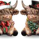 Karenhi 2 Pcs Christmas Highland Cow Decor, 2025 Funny White Elephant Gifts, Resin Highland Cow Figurines Gnomes Scottish Statue Calf with Xmas Tree for Home Garden Kitchen Office Table Decorations