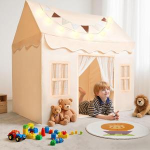 SYNCFUN Play Tent for Kids, Indoor & Outdoor Tent with Blanket, LED Lights & Flags for Toddler, Spacious 51*35*52 Inch, Playhouse for Kids, Ideal Private Space for Reading & Play for Boys & Girls Age 3-7