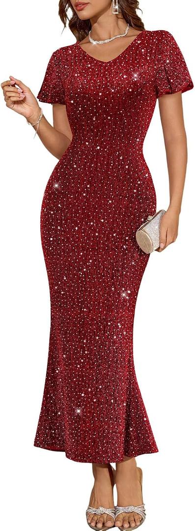 DRESSTELLS Womens Cocktail Sequin Wedding Guest Dresses, Formal Glitter Sparkly Evening Party Long Prom Vintage Dress (Red)