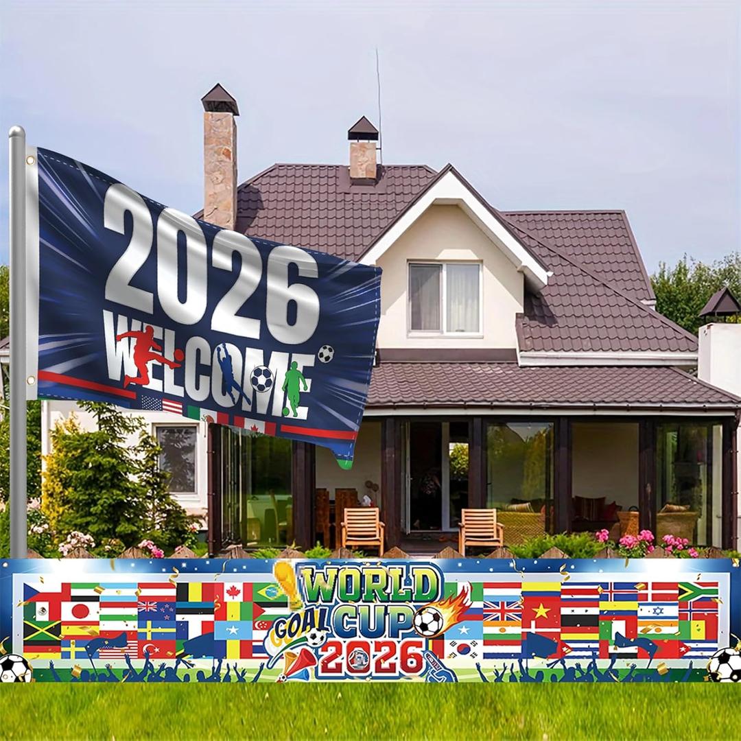 World Cup Flags 2026 Merchandise Decor 2PCS USA Canada Mexico Host Country Soccer Flag and Football Supporters Banner Around The World Decorations for Party Yard Sign for Garden Restaurant Bar Home