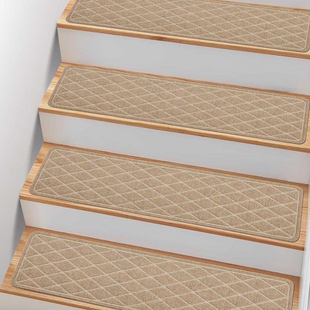 Non Slip Stair Treads for Wooden Steps,15 Pack 8" X 30" Stairs Carpet Treads Indoor with Reusable Peel and Stick Adhesive for Kids Elders and Pets,Polyester TPR Backing