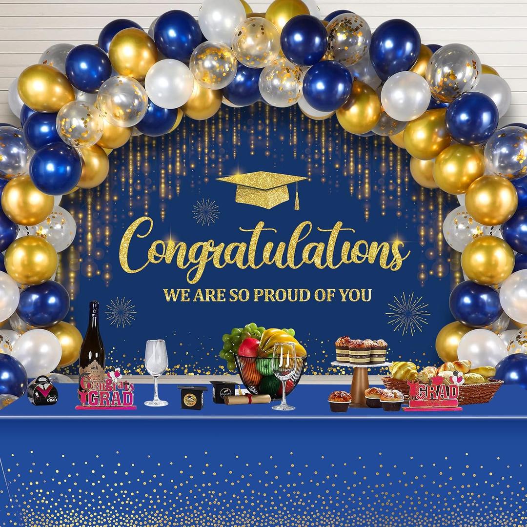 Moukeren 2025 Graduation Decorations Congratulation Party Supplies Congrats Grad Decor Class of 2025 Party Decor Graduation Balloon for Outdoor Indoor Home School Grad Party(Blue, Gold)