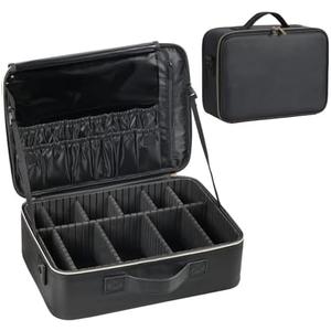 Makeup Travel Case, 16 Inch Makeup Artist Bag with Compartment and Dividers, Portable Cosmetic Bag for Women with Brush Storage Sturdy Dual Zip Closure, Waterproof, Durable, Gift for Her, Black