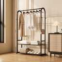 Sturdy metal clothes rack,Black freestanding clothing rack with bottom shelves and 6 side hooks,garment rack for hanging clothes,Modern wardrobe rack for Bedroom or cloakrooms