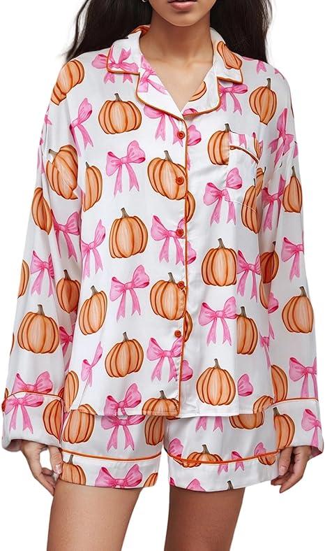 MBZJSDKHLK Women's Halloween Pajamas Set Silk Satin Ghost Pumpkin Print Long Sleeve Button Down Shirt 2 Piece Pjs Shorts Sets, XL