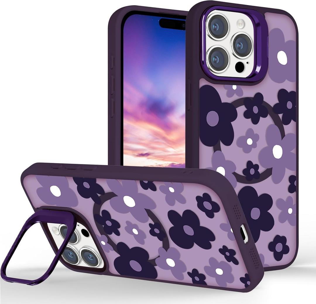for iPhone 16 Pro Flower Case with Kickstand, Compatible with MagSafe, Built-in Camera Ring Stand, Strong Magnetic Translucent Matte Frosted Slim Cover for Girls Women Teens, Purple Floral
