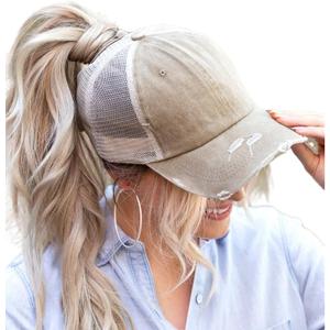 ProMindFun Womens Pony Hat High Ponytail Baseball Cap Girls Messy Bun Caps Camouflage Trucker Bad Hair Day Adjustable Dad Hat (03-light Khaki)