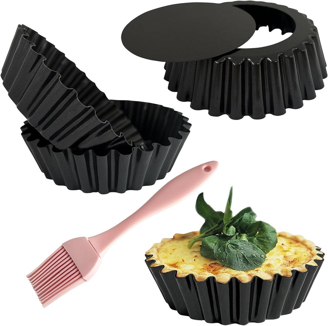 4 Pack Deep Tart Pans with Removable Bottom, 4-Inch Nonstick Quiche Pan with Silicone Basting Pastry Brush for Baking Treats, Pie, Quiches, Tartlets