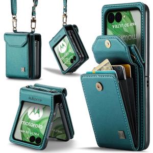 Crossbody Case Compatible with Moto Razr+ Plus 2024/2025,Retro PU Leather Strap Wristlet Flip Case with Magnetic Closure and Card Holder for Men Women Blue Green
