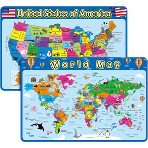 Patelai 2 Pcs Educational Placemats Learning Kids World Map United States Map Placemats Washable Reusable Non Slip for Nursery Homeschool Kindergarten Classroom Supplies