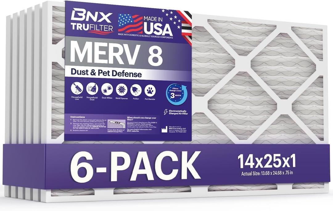 BNX TruFilter 14x25x1 Air Filter MERV 8 (6 Pack) - MADE IN USA  Dust & Pet Defense Electrostatic Pleated Air Conditioner HVAC AC Furnace Filters for Dust, Pet, Mold, Pollen MPR 600  700 & FPR 5